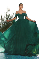 Elegantes dunkelgrünes schulterfreies A-Linien-Ballkleid mit Pailletten